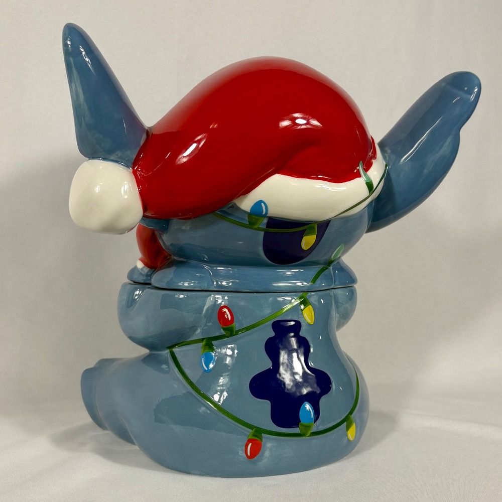 Disney Stitch Christmas Cookie Jar Hand Painted Ceramic Santa Hat Lights - Picture 7 of 12
